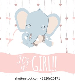 Baby girl elephant Vector illustration  for gender reveal. It's a girl announcement.