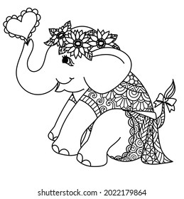 Baby Girl Elephant Wearing Sunflower Wreath And Mandala Dress For Printing On Card,coloring Book,coloring Page,laser Cut,engraving And So On. Vector Illustration.