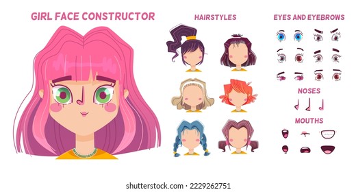 Baby girl face construction, generator of child avatar with different hairstyle, noses, eyes and brows with different emotions isolated on white background, vector cartoon set