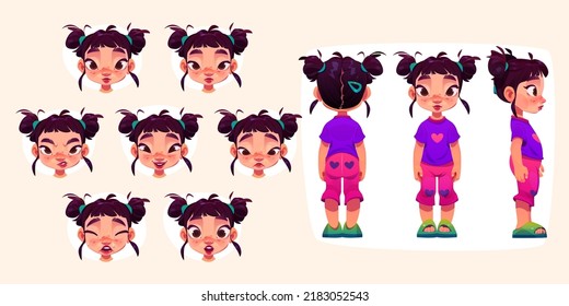 Baby girl face with different emotions. Vector cartoon set of standing child in front, side and back view. Portraits of kid character happy, sad, fear, cry, angry and surprise