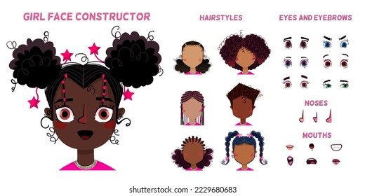 Baby girl face generator with different eyes and mouth expression. Pack of hairstyle and head parts of cute african american child isolated on white background, vector cartoon set