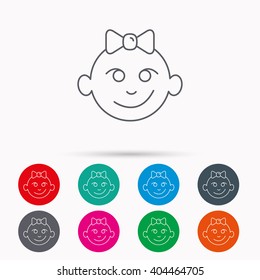 Baby girl face icon. Child with smile sign. Newborn with bow symbol. Linear icons in circles on white background.