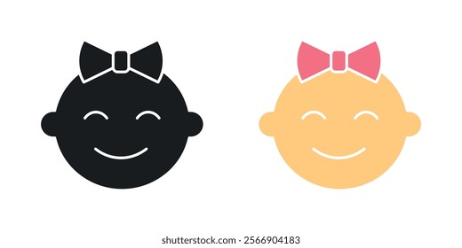 Baby girl face icon set in black and colored