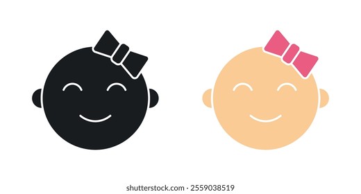 Baby girl face icons in black and colored version