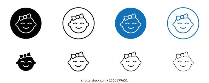 Baby girl face icons in black and blue colors