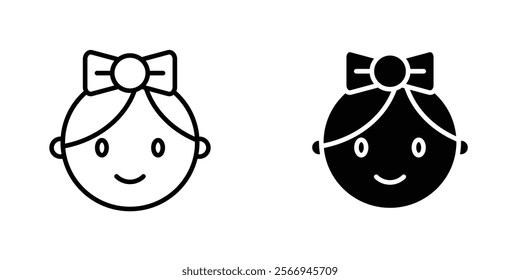 Baby girl face icons. black and white vector set.