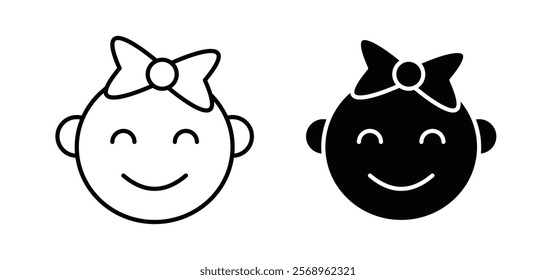 Baby girl face icons in black and white colors