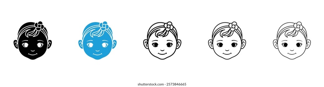 Baby girl face icons in filled and 3 stroke weights