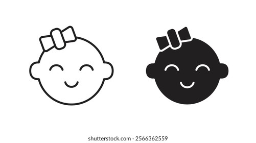 Baby girl face icons in line stroke and flat versions