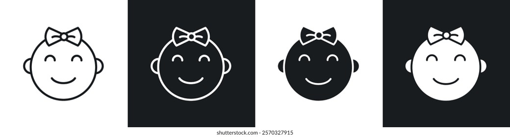 Baby girl face icons vectors set in black. line and flat versions