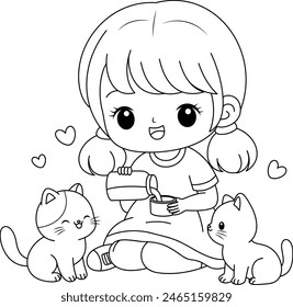 Baby girl feeding milk to cat coloring page clipart cartoon character. Children day vector illustration.