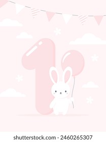 Baby girl first year anniversary birthday card. A cute rabbit with a balloon standing near the big number one on a pink background. Flat vector illustration