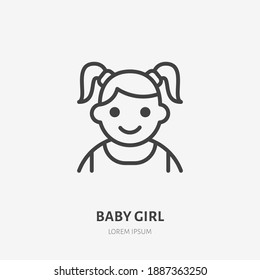 Baby girl flat line icon. Vector outline illustration of little child avatar. Black color thin linear sign for children simple avatar.