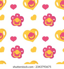 Baby girl floral shape pacifiers seamless pattern. Baby pacifiers pink and yellow backgrounds.