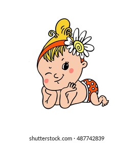 Baby girl with flower in blonde hair. Color. Yellow, red.