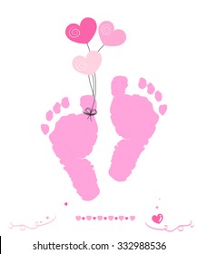 Baby girl foot prints with hearts balloon vector greeting card