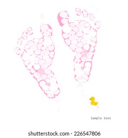 Baby girl foot prints with soap bubbles and duck vector 