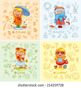 Baby girl and the four seasons. Freehand drawing autumn, winter, spring, summer items on a sheet of exercise book. Vector illustration. Set