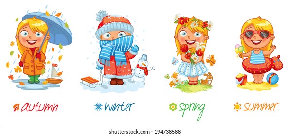 Baby girl and the four seasons. Vector illustration. Isolated on white background. Set