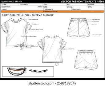 BABY GIRL FRILL SLEEVE BLOUSE SKETCH FASHION TEMPLATE TECHNICAL DRAWING ILLUSTRATION