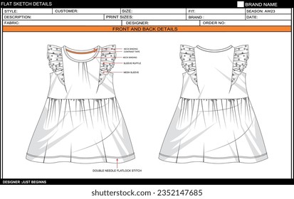 BABY GIRL FRILL SLEEVE SET DRESS FLAT SKETCH FASHION TEMPLATE TECHNICAL DRAWING ILLUSTRATION