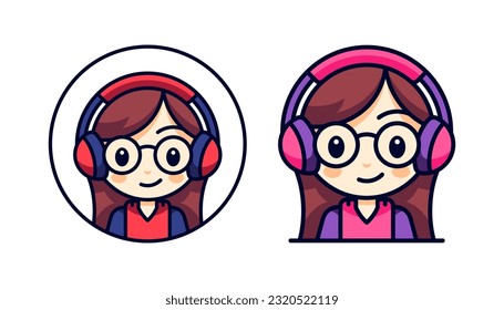 Baby girl gamer in headphones for virtual game playing circle icon team logo set vector flat illustration. Cute female kid portrait cyberspace digital entertainment esport technology outline emblem