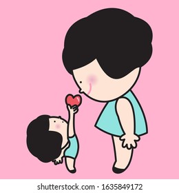 Baby Girl Giving Her Mom A Red Heart With Love. Mother Day Concept Card Character illustration