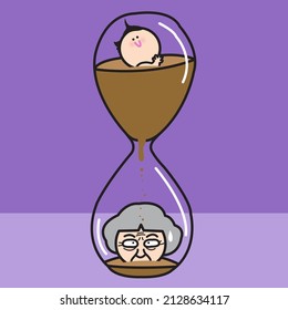 Baby Girl Is Gradually Transform To Old Woman Like Sands Through The Hourglass. Short Cycle Of Life. Time Is Running Out Concept Card Character illustration