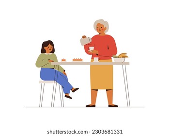 Baby Girl and grandma drinking tea with cake on the kitchen. Senior woman and her granddaughter talking and have breakfast. Generation friendship concept. Vector illustration