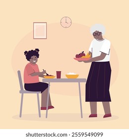 Baby Girl and grandma eating on kitchen. Senior woman and her granddaughter talking and have breakfast. Family, eating food together, relationship. Generation friendship concept. Vector illustration