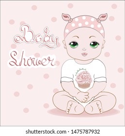the baby girl with green eyes, sits in a white Bodysuit with cupcake print, it;s a girl.  The picture in hand drawing style, can be used  for t-shirt print, wear fashion design, greeting card, baby sh