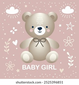 Cartão de Saudação Baby Girl - Bela Teddy Bear. Ilustração vetorial adorável com cores neutras. Acolher um novo bebê e celebrar um momento especial com charme e calor