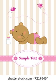 baby girl greeting card with sleeping teddy bear