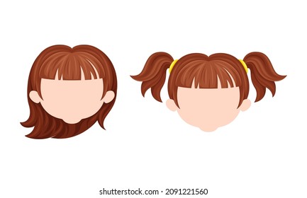 Baby girl hairstyle. Face of little girl with brown hair cartoon vector illustration