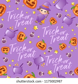 Baby Girl in Halloween Costume : Seamless Pattern : Vector Illustration