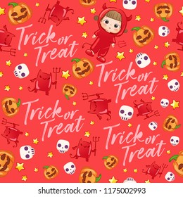 Baby Girl in Halloween Costume : Seamless Pattern : Vector Illustration