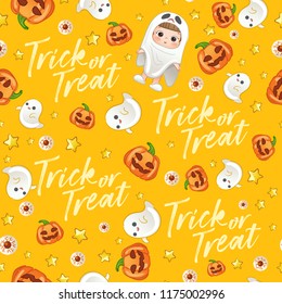Baby Girl in Halloween Costume : Seamless Pattern : Vector Illustration