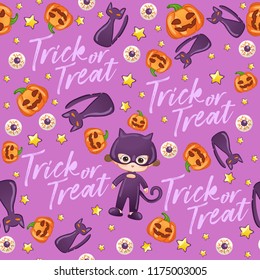 Baby Girl in Halloween Costume : Seamless Pattern : Vector Illustration