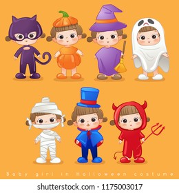 Baby Girl in Halloween Costumes : Vector Illustration