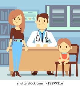 Baby girl and her mother visiting pediatrician - kids medicine concept. Medical doctor visit, medicine and health, vector illustration