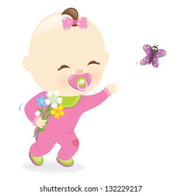 Baby girl holding flowers