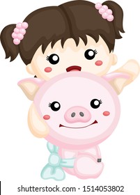 baby girl holding a pig with ribbon
