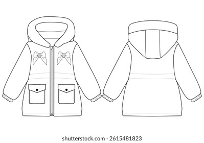 Baby girl Hooded Puffer Coat vector illustration Front and back views 