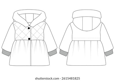 Baby girl Hooded Puffer Coat vector illustration Front and back views 