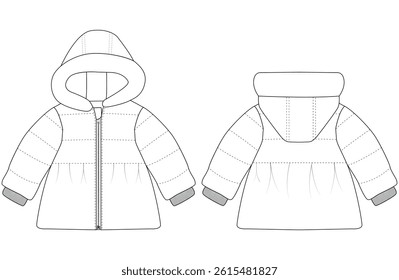 Baby girl Hooded Puffer Coat vector illustration Front and back views 