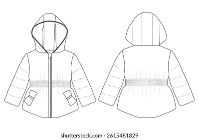 Baby girl Hooded Puffer Coat vector illustration Front and back views 