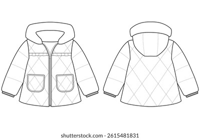Baby girl Hooded Puffer Coat vector illustration Front and back views 