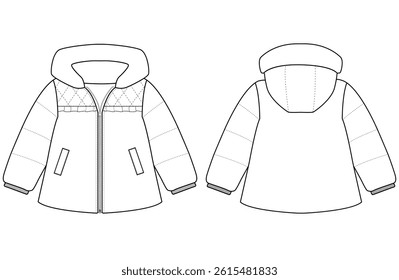 Baby girl Hooded Puffer Coat vector illustration Front and back views 