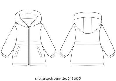 Baby girl Hooded Puffer Coat vector illustration Front and back views 