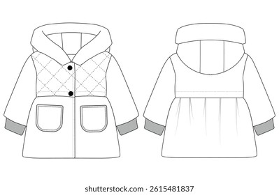 Baby girl Hooded Puffer Coat vector illustration Front and back views 